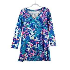 Lilly Pulitzer Womens Small Dress Blue Pink V-Neck‎ Long Sleeve Tropical Bright